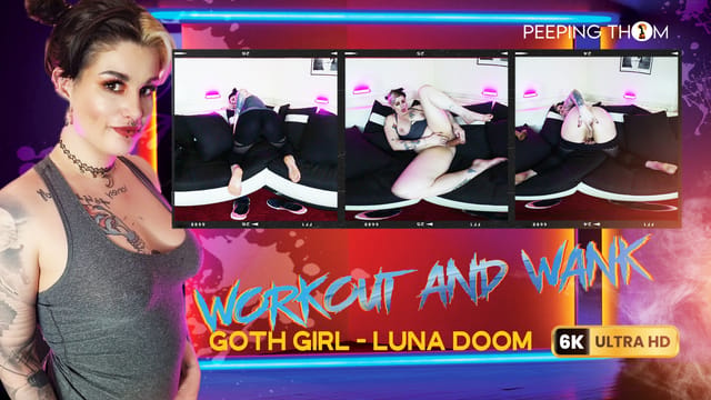 Luna Doom in goth attire performs a solo workout and masturbation session in a POV shot captured in 4K resolution.