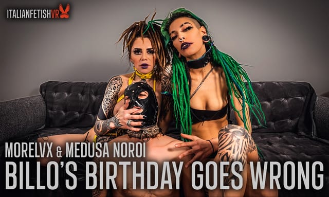 Medusa Noroi and MoreLVX in a POV fetish scene with a brunette model during a VR birthday party in 4K.