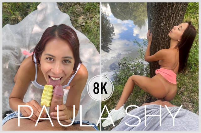 Paula Shy performs a blowjob in an outdoor VR POV scene captured in 4K resolution for this premium production.