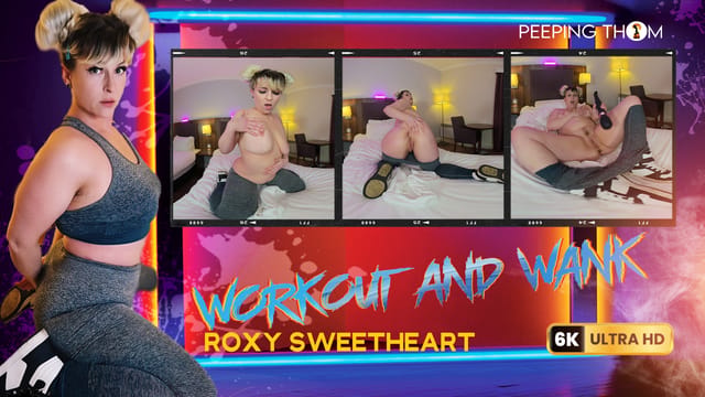 Roxy Sweetheart performs a solo sweaty workout in a gym setting captured in 4K VR POV footage.