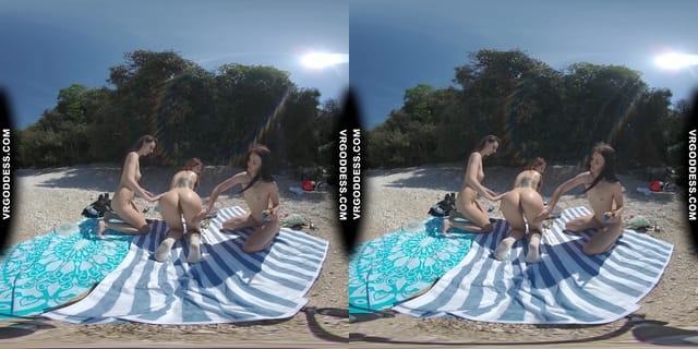 3 Babes Naked On Vacation Beach Picnic Playing Frisbee Searching For Shells And Bubble VRgoddess — photo 2
