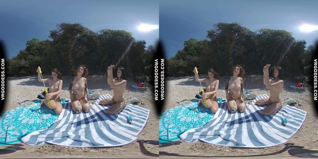 3 Babes Naked On Vacation Beach Picnic Playing Frisbee Searching For Shells And Bubble VRgoddess — photo 4