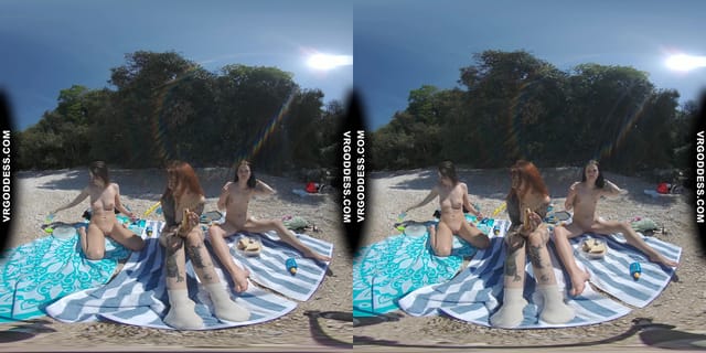 3 Babes Naked On Vacation Beach Picnic Playing Frisbee Searching For Shells And Bubble VRgoddess — photo 5