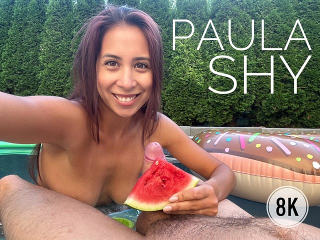 Paula Shy performs a POV blowjob outdoors by the pool in 4K VR