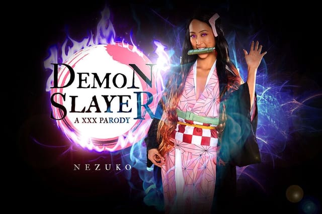 Alexia Anders as Nezuko Kamado performs a blowjob in a Demon Slayer cosplay VR video produced by VRCosplayX in 4K quality.