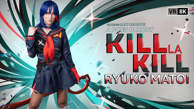 Macy Meadows cosplays as Ryuko Matoi performing a POV blowjob in a VR porn parody produced by VR Conk