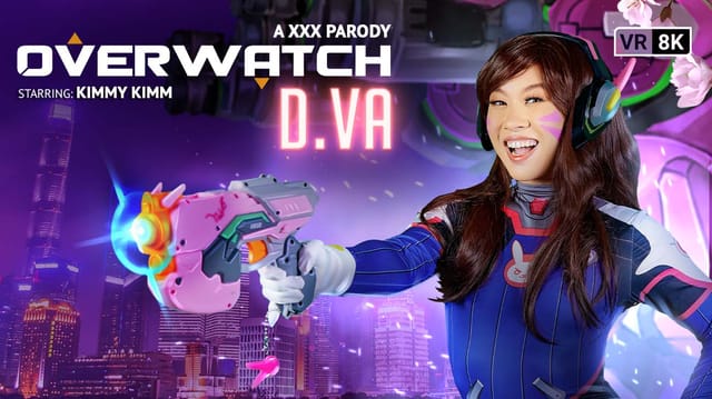 Kimmy Kimm in D.Va cosplay performs a blowjob in a Cyberpunk VR scene by VR Conk