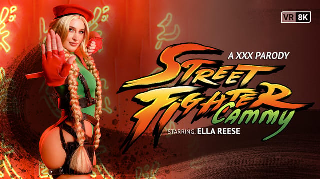 Ella Reese dressed as Cammy performs a POV blowjob in a street setting in this 4K VR Conk parody