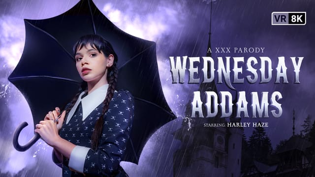 Harley Haze as Wednesday Addams performs a POV blowjob in cosplay for VR Conk premium 60 FPS adult video.
