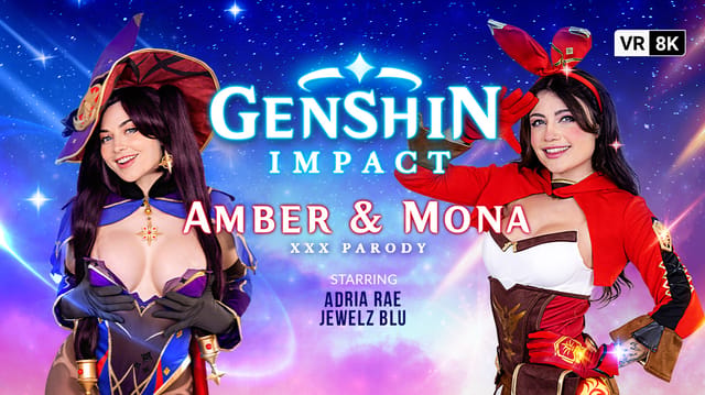 Jewelz Blu and Adria Rae cosplay as Amber and Mona in a VR POV group sex scene with oral and pussy licking.