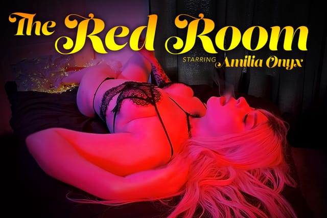 Amelia Onyx performs solo POV fetish content in a red room setting with 60 FPS VR passthrough and 8K resolution.