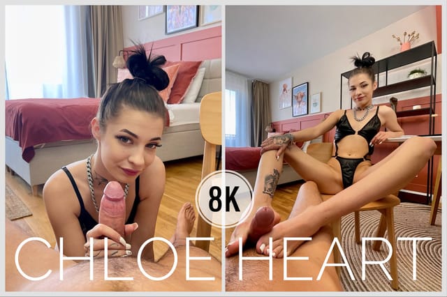 Brunette Chloe Heart performs a footjob and blowjob in a home setting, captured in 4K VR at 60 FPS by PS-Porn.