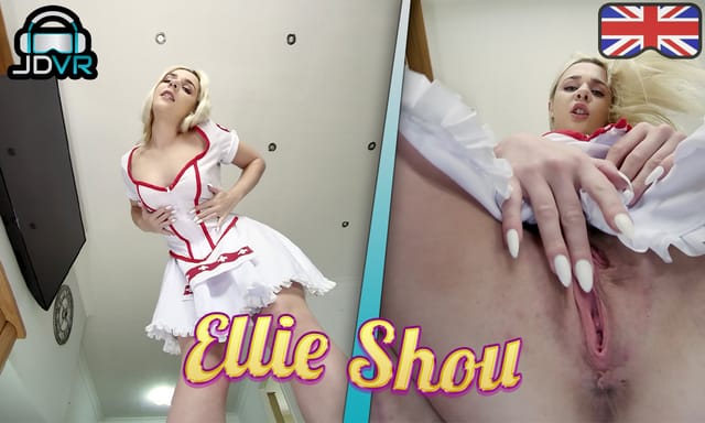 Ellie Shou performs facesitting in a nurse outfit, shown in a close-up POV shot with high frame rate VR production.