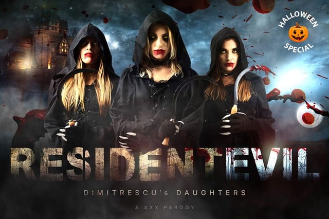 VRCosplayX VR parody of Eveline Silvia and Lilly Bella as the Dimitrescu daughters performing group sex and oral in a horror setting