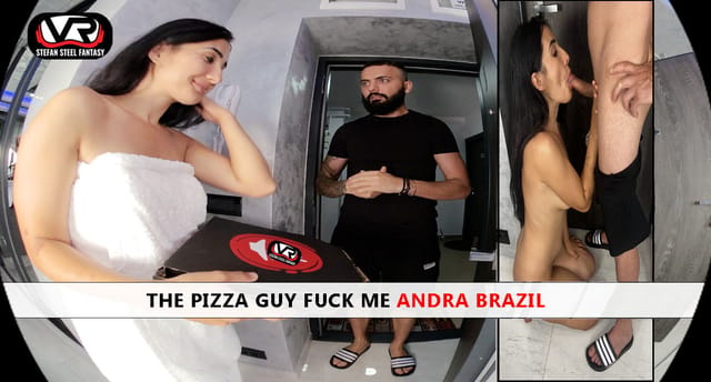 Brunette Andra Brazil receives oral sex from a pizza delivery man in a kitchen setting during this 4K non-POV VR scene.