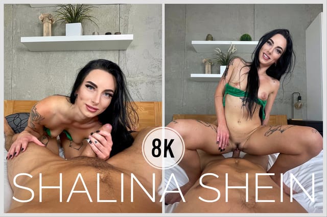 Shalina Shein performs a POV blowjob and footjob in a 4K VR video with 60 FPS playback.