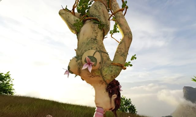 Poison Ivy performs a POV blowjob while hanging from a tree in an outdoor setting for this VReal 18K VR parody video