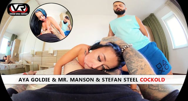 Model Aya Goldie performs oral sex and pussy licking in a 4K VR POV scene with Stefan Steel Fantasy