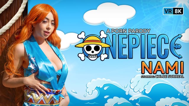 Chloe Surreal as Nami in One Piece cosplay performs a POV blowjob outdoors in 4K VR with close-up detail.