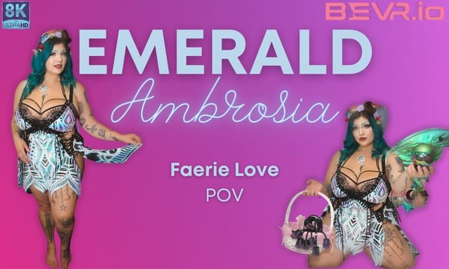 Emerald Ambrosia cosplaying as a faerie performs a solo POV titty fuck in a lush forest setting for BlushErotica VR content.