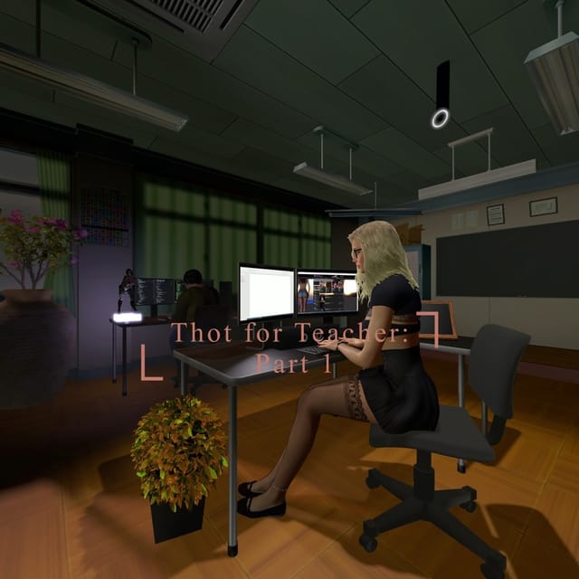 Blonde teacher in a classroom setting features 4K 180 degree VR voyeur content with inner dialogue narration from Raging Simian.