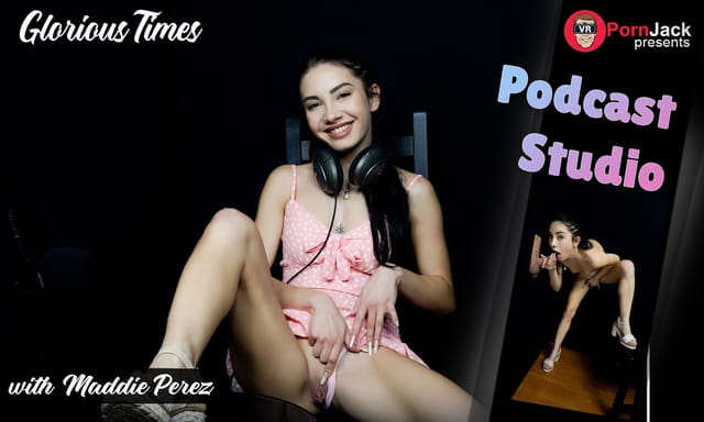 Maddie Perez performs a POV blowjob in a podcast studio gloryhole, featuring 4K VRPassthrough footage by VRPornJack.