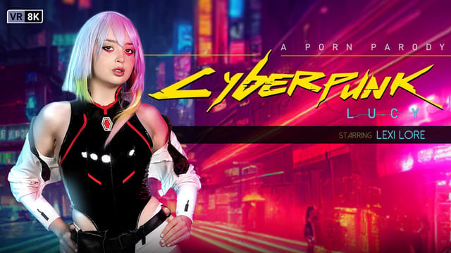 Lexi Lore in a blue wig performs a close up POV blowjob in a Cyberpunk setting within this VR Conk 60 FPS production.