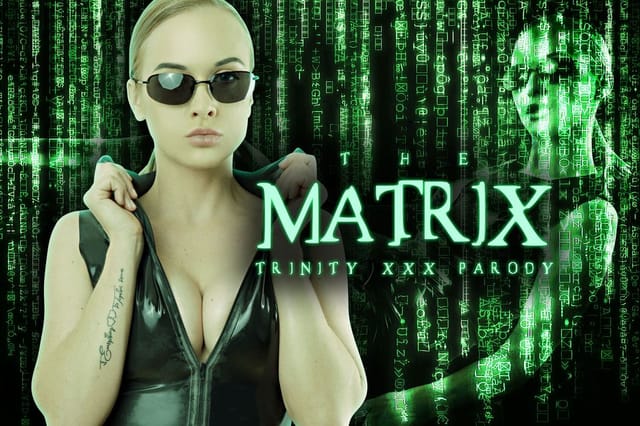European model Vinna Reed in a Matrix cosplay performs a POV blowjob in a cyberpunk VR 8K scene.