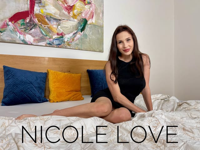 Brunette model Nicole Love performs a solo act in a POV shot, presented in 4K resolution with 60 FPS smoothness for an immersive VR experience.