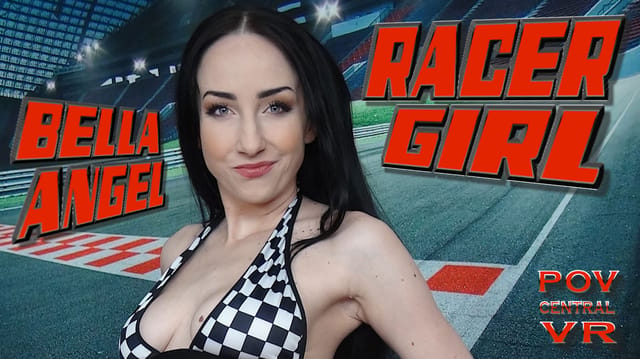 Brunette Bella Angel performs a POV blowjob in a racing game setting with 4K resolution and 60 FPS frame rate for VR viewers.
