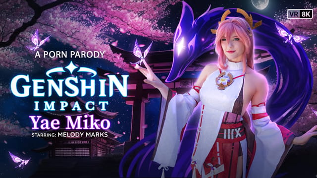 Melody Marks plays Yae Miko performing a POV blowjob and titty fuck in a VR parody close up production