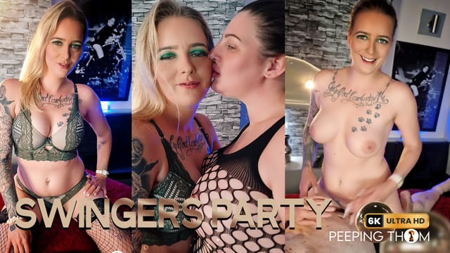 Melody Pleasure and Crystal Smith receive group oral sex in a POV swinger party setting with 60 FPS VR production