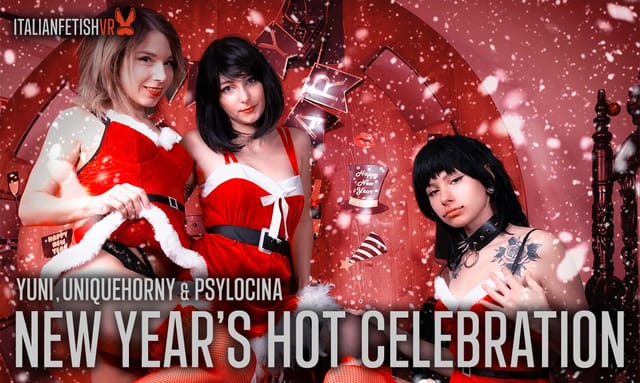 Yuni, Uniquehorny, and Psylocina kiss in a New Year celebration scene filmed in 4K VR POV at 60 frames per second.