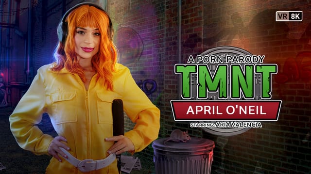 Aria Valencia in April O'Neil cosplay performs a close-up blowjob in a VR porn parody by VR Conk with 60 FPS smooth playback