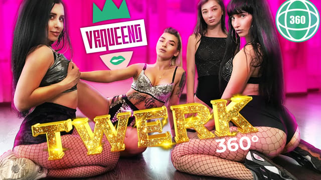 A woman twerks in a dimly lit room during this 4K VR POV video from VR Queens featuring softcore content.