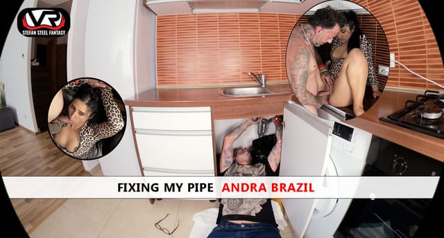 Andra Brazil performing a blowjob in a plumbing setting during a Stefan Steel Fantasy VR video with 4K and 6K resolution.