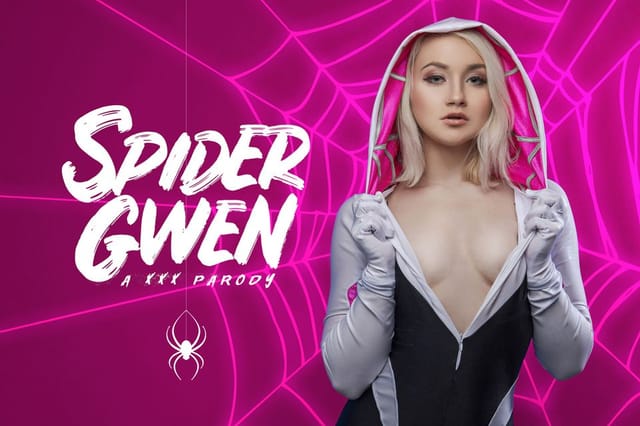 Marilyn Sugar in Spider Gwen cosplay performs a POV blowjob in a VR environment featuring 60 FPS passthrough visuals.