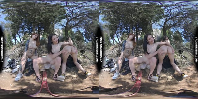 3 Gorgeous Babes Naked In Forest Playing With Their Pussies Next To Abandoned Building VRgoddess — photo 1
