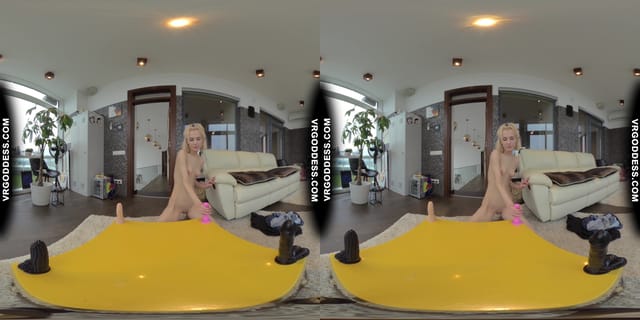 Skinny Blonde Poppy Trying Different Dildos Will It Fit Challenge Loves Big Black Ones Most VRgoddess — photo 8