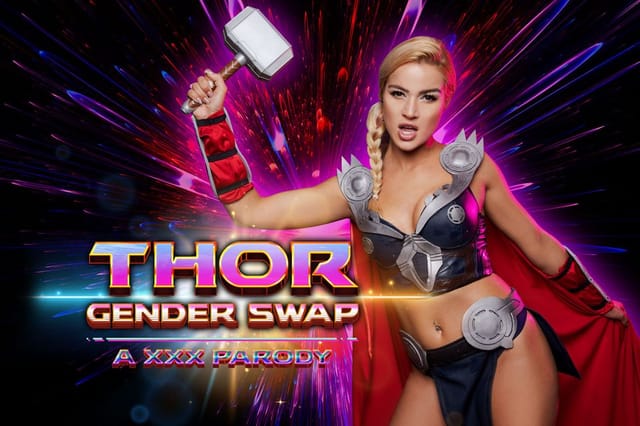 Cherry Kiss as Thor in a gender swap cosplay enjoys anal and oral sex in a VR POV scene.