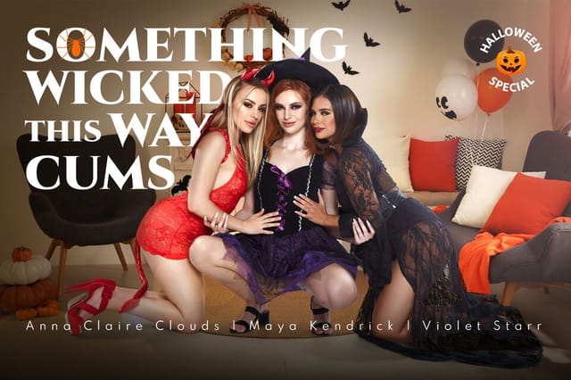 Violet Starr performs oral sex with Maya Kendrick and Anna Claire Clouds in a cosplay group scene for BadoinkVR 60 FPS VR content.