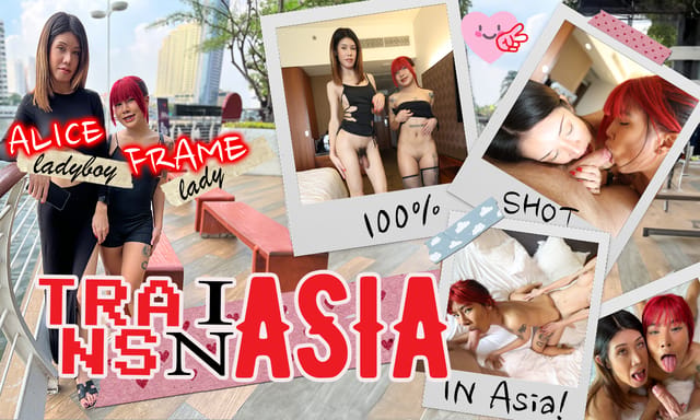 Alice and Frame engage in anal and oral sex in a VR POV scene with a ladyboy, filmed in 60 FPS.