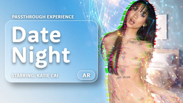 Katie Cai performs a POV blowjob in a passthrough VR scene featuring fisheye lenses and 60fps premium production quality