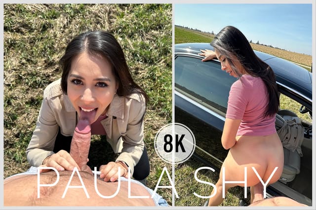 Paula Shy receives a POV outdoor blowjob in a VR 4K scene filmed at 60 frames per second for immersive viewing.