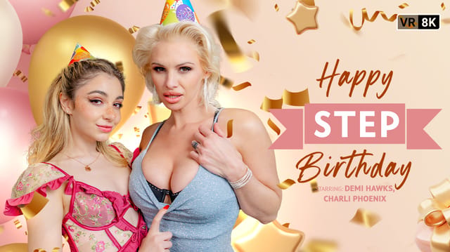 Demi Hawks and Charli Phoenix perform oral sex in a step family fantasy VR POV scene with 4K resolution