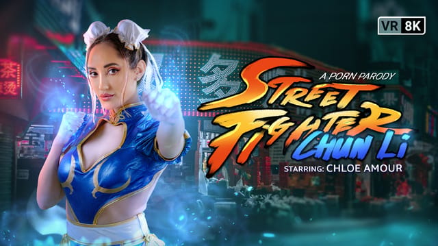 Chloe Amour in Chun Li cosplay performs oral sex in a street setting for VR Conk, captured in 4K and 60 FPS
