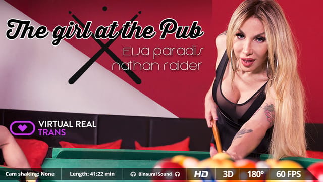 Eva Paradis performs oral sex on Nathan Raider in a pub setting during this 4K VR POV scene.