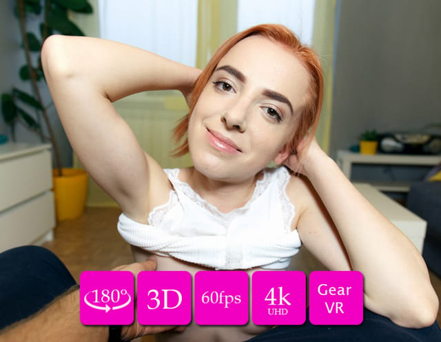 Thumbelina performs a lapdance in a 180 degree VR POV scene featuring a redhead model in 4K resolution.