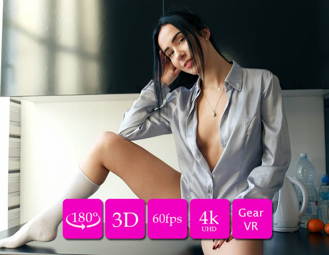 Natasha poses naked in a bedroom setting, performing a solo POV action in high definition 180 degree VR content.