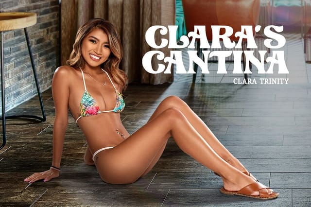 Clara Trinity performs a POV blowjob in Cantina setting for BadoinkVR 4K 60 FPS production